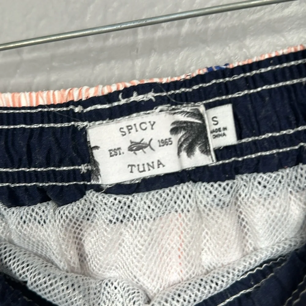 Spicy Tuna Pink Coral & White Striped Duck Print Men's Swim Trunks Size … - Picture 6 of 10